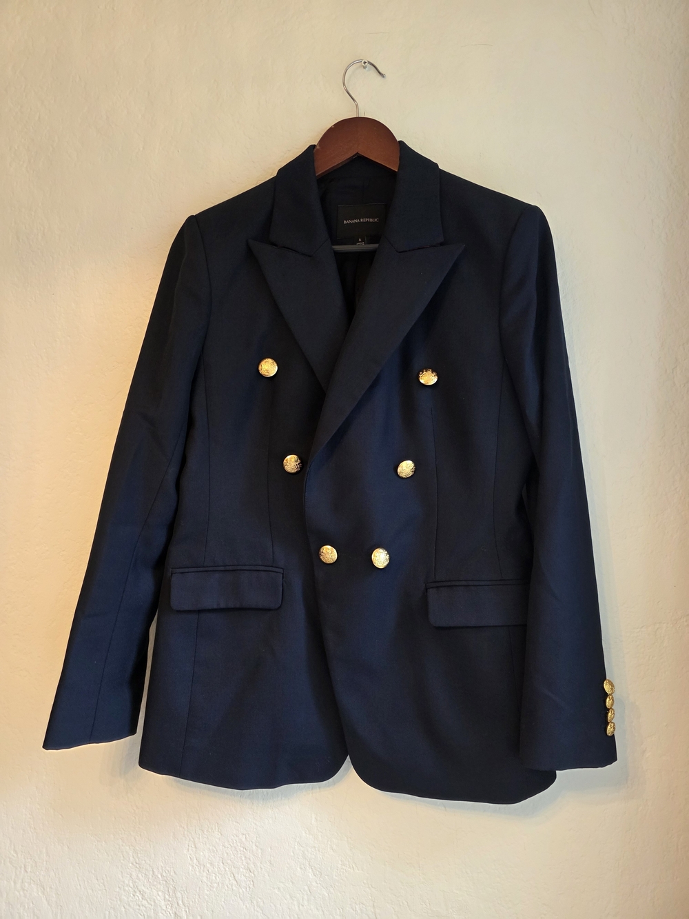 Banana Republic Navy Wool Blend Double Breasted Gold Button Blazer